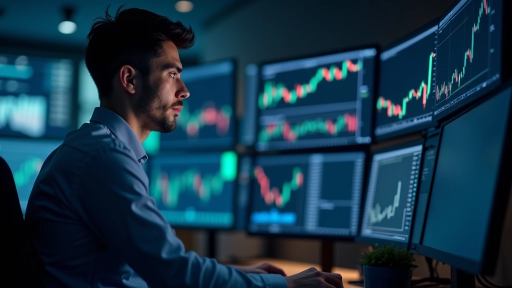 Monitor che mostra più grafici finanziari contemporaneamente con diverse timeframe e indicatori