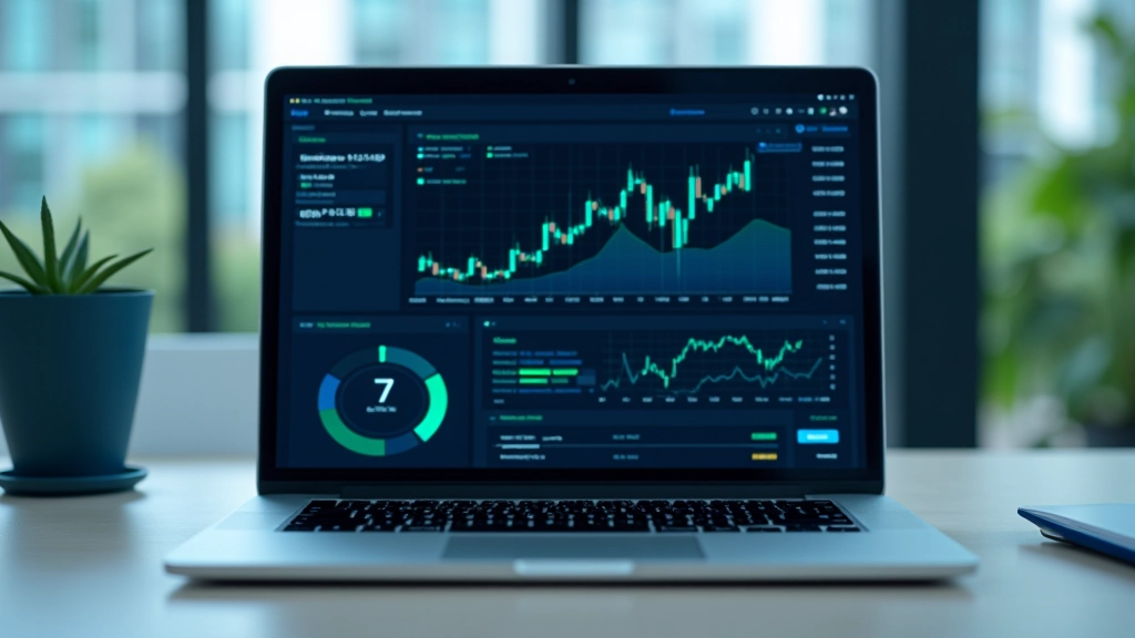 Schermo di laptop che mostra una dashboard con grafici a candele, medie mobili e pannelli di controllo interattivi